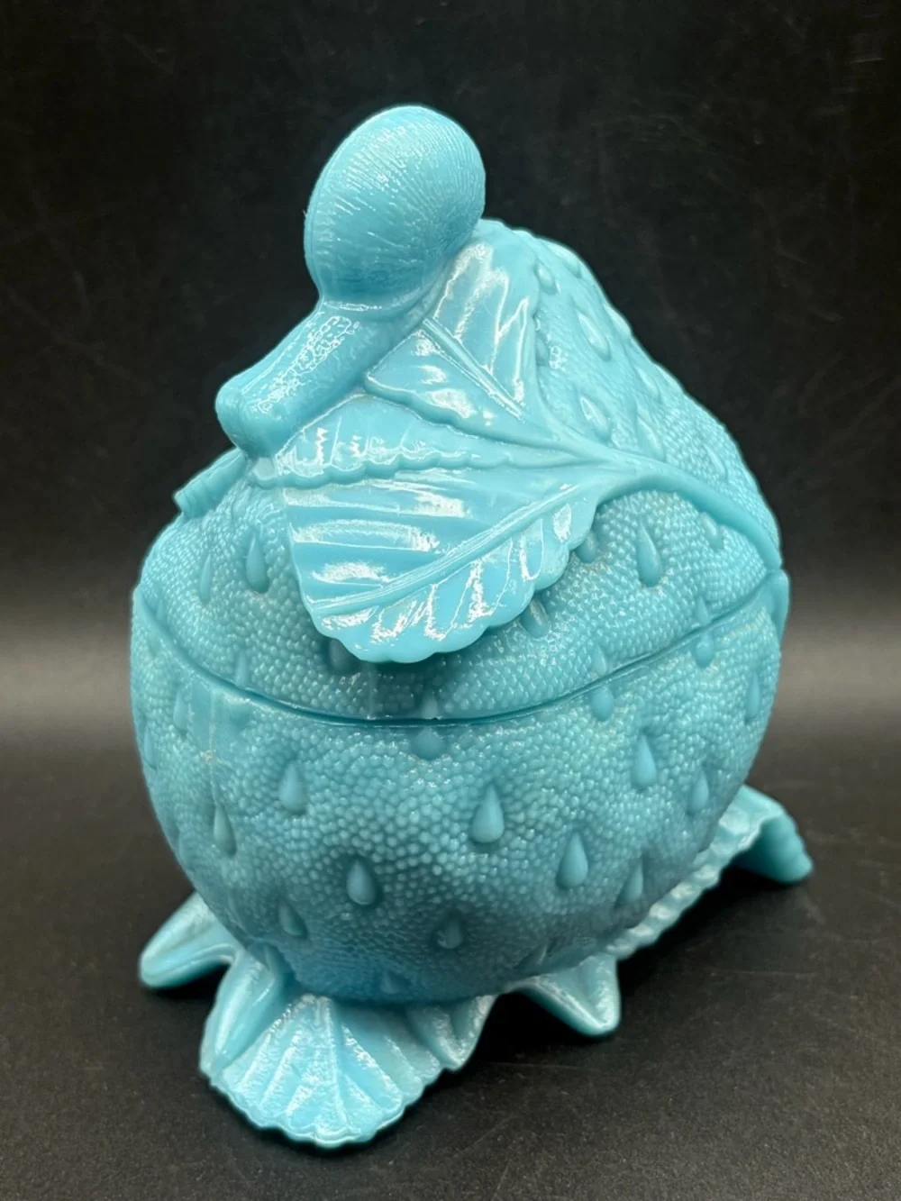 Portieux Blue Milk Glass Snail on Strawberry Lidded Dish Candy Bowl Trinket Box